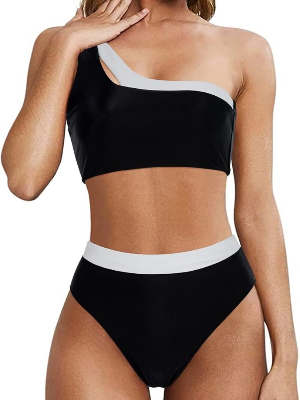 🖤🤍 NWT MOOSLOVER One Shoulder Cutout Bikini Set Medium Black White Swimwear 🖤